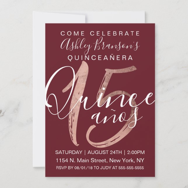 Girly Simple Burgundy Rose Gold Foil Quinceañera Invitation (Front)