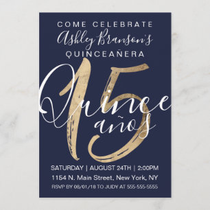 Girly Simple Navy Blue Gold Foil Quinceañera Invitation