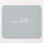 Girly Simple Sage Green Custom Monogram Name Mouse Pad<br><div class="desc">Girly Sage Green Simple Minimalist Monogram Name Signature Script Custom Personalised mousepad. These design featuring your first name in a pretty hand lettered style swash tail font typography script on sage green or dusty green colour background. These are easy to customise. Great stylish feminine gift for birthday, mother’s day, bridal...</div>