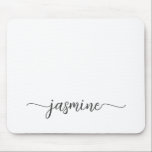 Girly Simple White Personalised Monogram Name Mouse Pad<br><div class="desc">Girly Black And White Simple Minimalist Monogram Name Signature Script Custom Personalised mousepad. These design featuring your first name in a pretty hand lettered style swash tail font typography black script on white colour background. These are easy to customise. Great stylish feminine gift for birthday, bridal shower, mother’s day, sweet...</div>