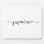 Girly Simple White Personalised Monogram Name Mouse Pad<br><div class="desc">Girly Black And White Simple Minimalist Monogram Name Signature Script Custom Personalised mousepad. These design featuring your first name in a pretty hand lettered style swash tail font typography black script on white colour background. These are easy to customise. Great stylish feminine gift for birthday, bridal shower, mother’s day, sweet...</div>