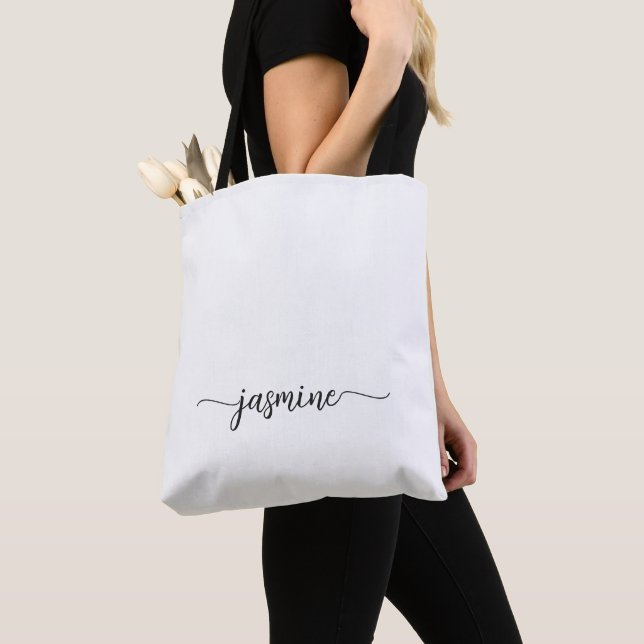 Girly Simple White Personalised Monogram Name Tote Bag (Close Up)