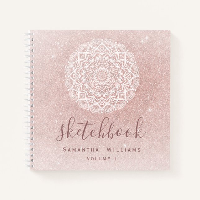 Girly Sketchbook Your Name Rose Gold Pink Glitter Notebook (Front)