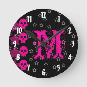 Girly Skull EMO Punk Monogram Initial Wall Clock