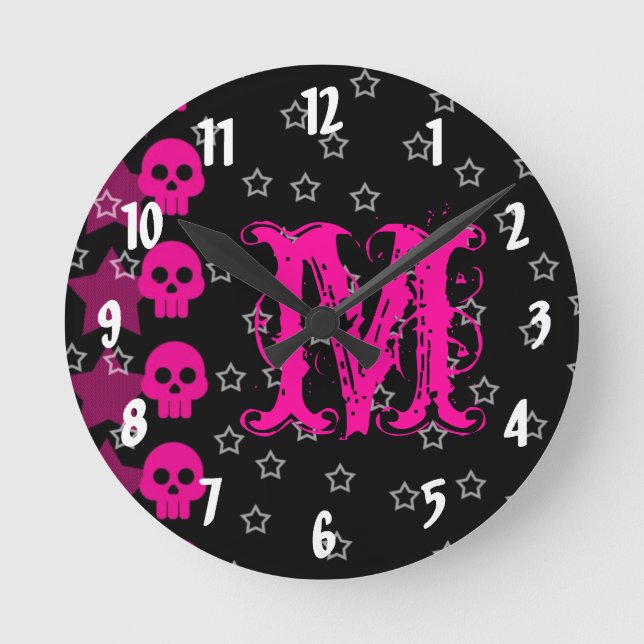 Girly Skull EMO Punk Monogram Initial Wall Clock (Front)