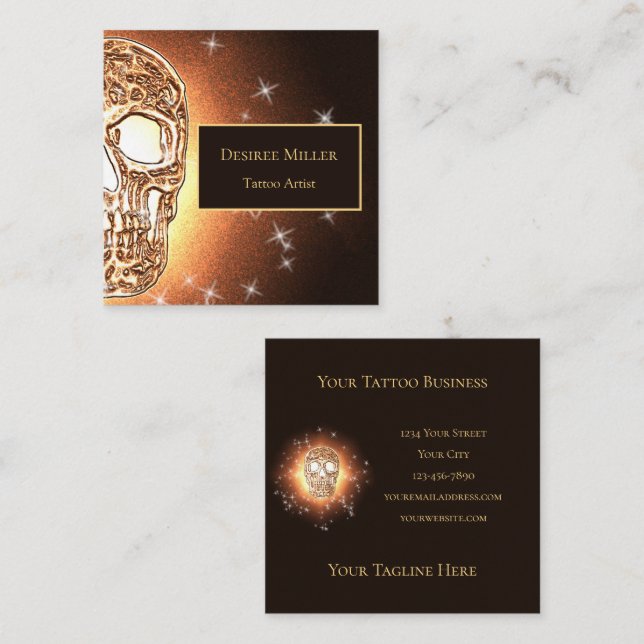 Girly Skull Gothic Cool Gold Glitter Metallic Square Business Card (Front/Back)