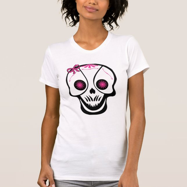 Girly Skull Pink Bow destroyed womens tshirt (Front)