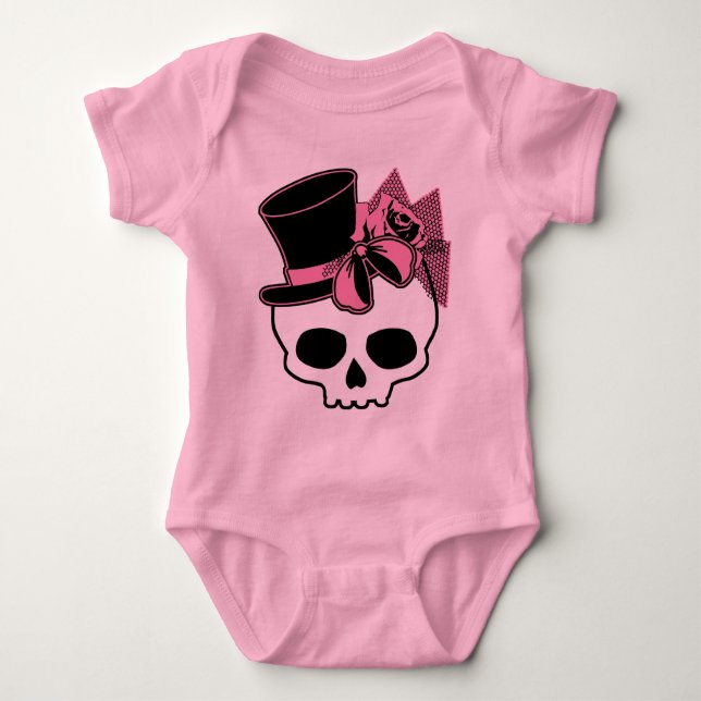 Girly Skull with Hat and Pink Bow Baby Bodysuit (Front)