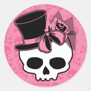 Girly Skull with Hat and Pink Bow Classic Round Sticker