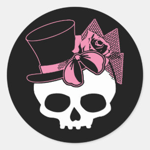 Girly Skull with Hat and Pink Bow Classic Round Sticker