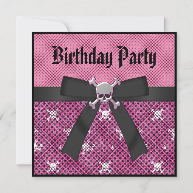 Girly Skulls & Polka Dots Pink Birthday Invites (Front)