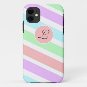 Girly soft pastel colours strips,  monogram. iPhone 11 case