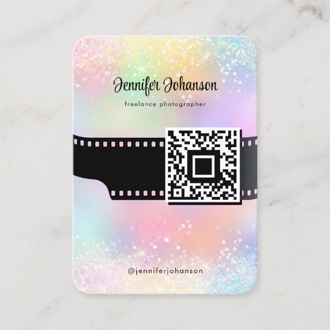 Girly Sparkly Glitter Film Roll Camera QR Code Business Card (Front)