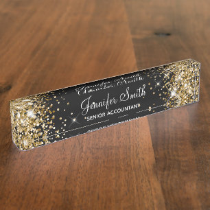 Girly Sparkly Gold Glitter Black Nameplate