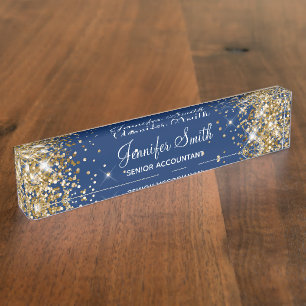 Girly Sparkly Gold Glitter Navy Blue Nameplate