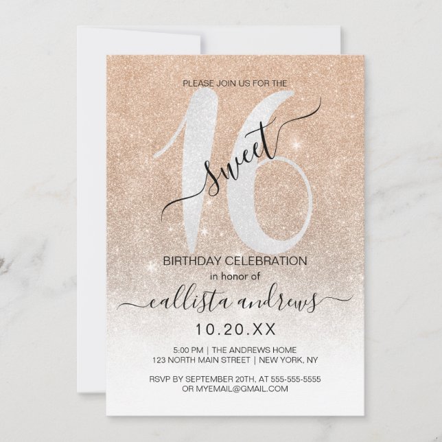 Girly Sparkly Gold White Glitter Ombre Sweet 16 Invitation (Front)