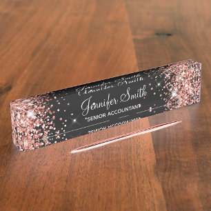 Girly Sparkly Rose Gold Glitter Black Nameplate