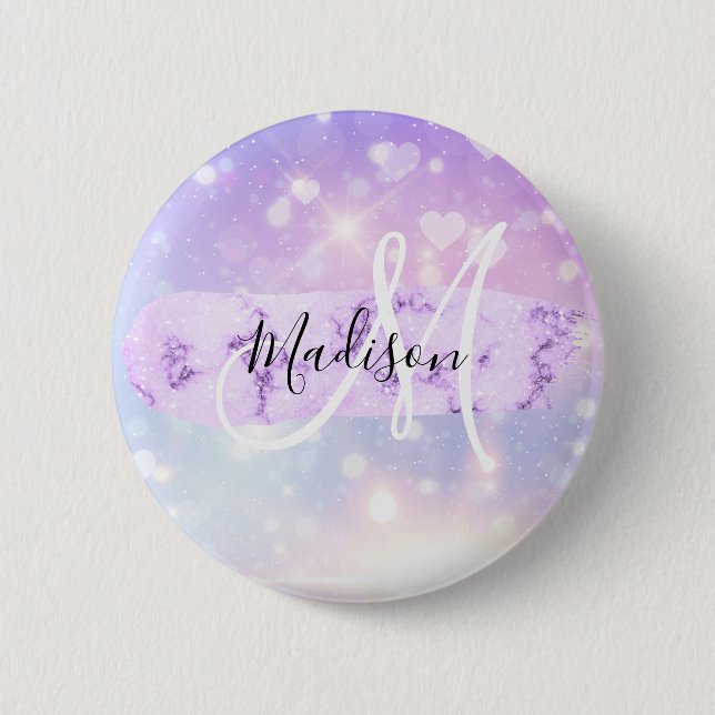 Girly Sparkly Unicorn Rainbow Hearts Monogram 6 Cm Round Badge (Front)