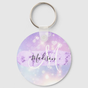 Girly Sparkly Unicorn Rainbow Hearts Monogram Key Ring