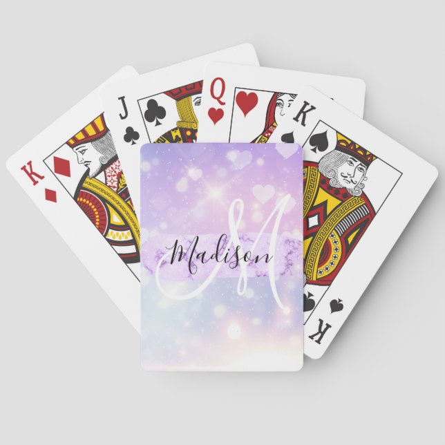 Girly Sparkly Unicorn Rainbow Hearts Monogram Playing Cards (Back)