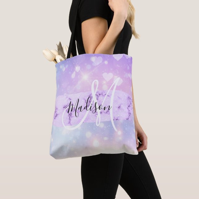 Girly Sparkly Unicorn Rainbow Hearts Monogram Tote Bag (Close Up)