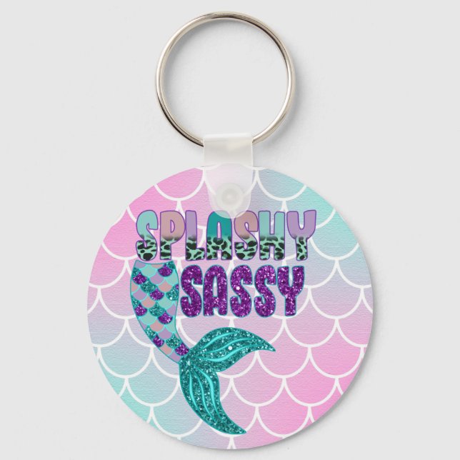 Girly Splashy Sassy Pink Purple Green Mermaid Tail Key Ring (Front)