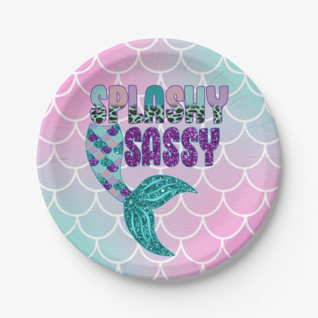 Girly Splashy Sassy Pink Purple Green Mermaid Tail Paper Plate (Front)