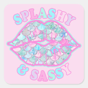 Girly Splashy & Sassy Pink Turquoise Mermaid Kiss Square Sticker