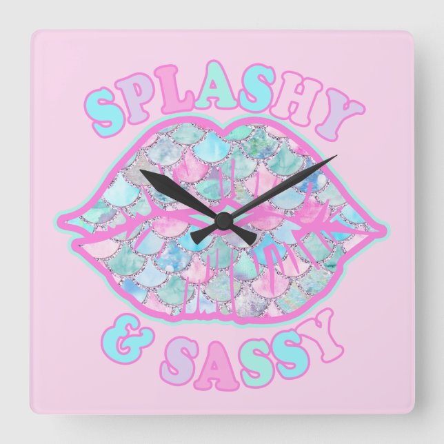Girly Splashy & Sassy Pink Turquoise Mermaid Kiss Square Wall Clock (Front)
