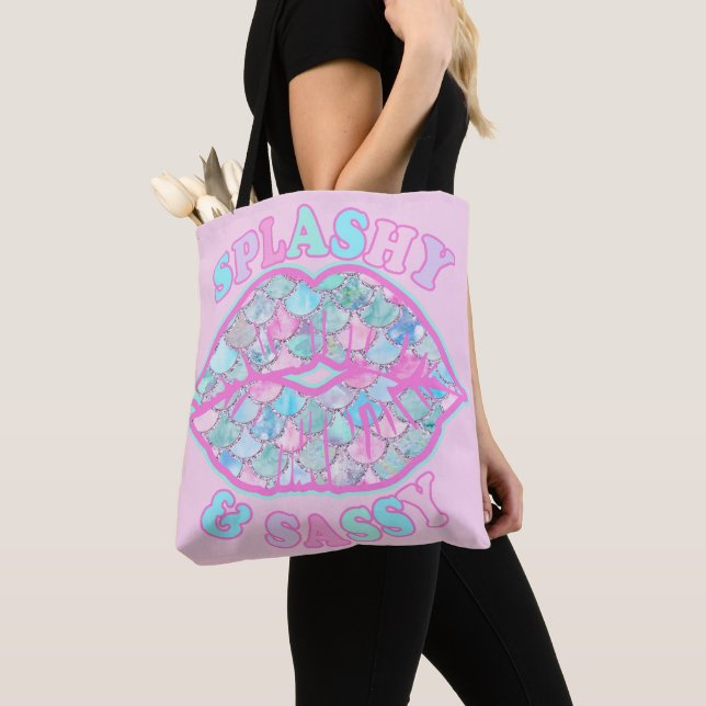 Girly Splashy & Sassy Pink Turquoise Mermaid Kiss Tote Bag (Close Up)