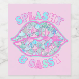 Girly Splashy & Sassy Pink Turquoise Mermaid Kiss Wine Label