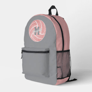 girly sports grey pink monogrammed volleyball printed backpack