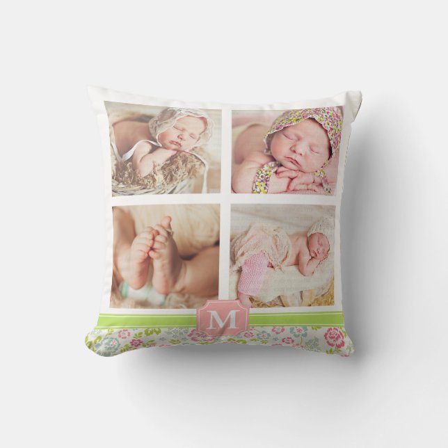 Girly Spring Floral Chevron Personalised Monogram Cushion (Front)
