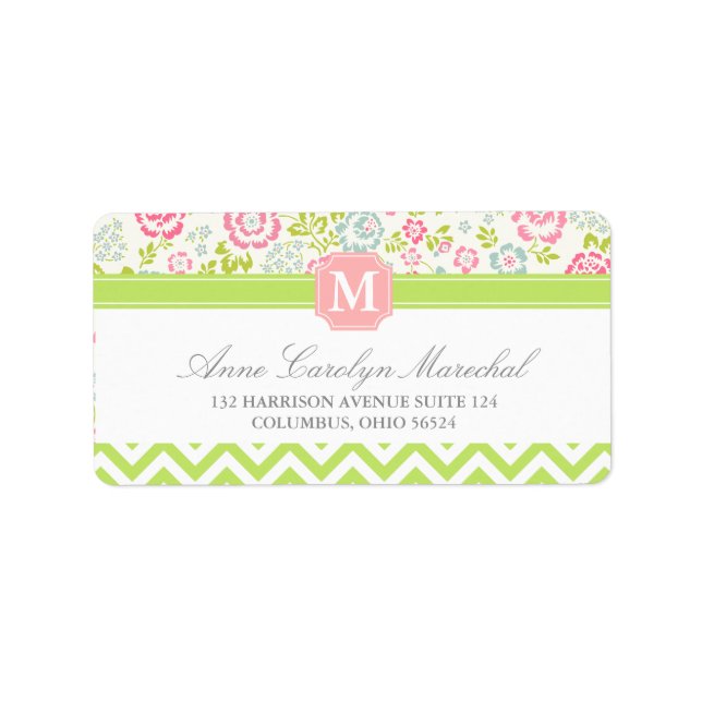 Girly Spring Floral Chevron Personalised Monogram Label (Front)
