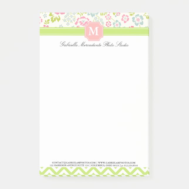 Girly Spring Floral Chevron Personalised Monogram Post-it Notes (Front)