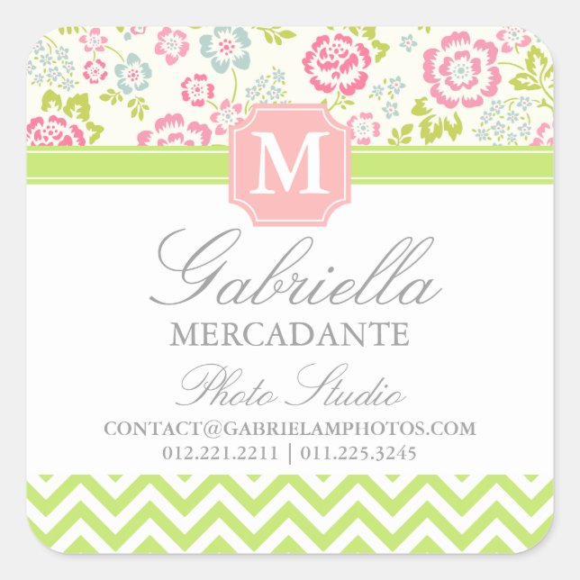 Girly Spring Floral Chevron Personalised Monogram Square Sticker (Front)