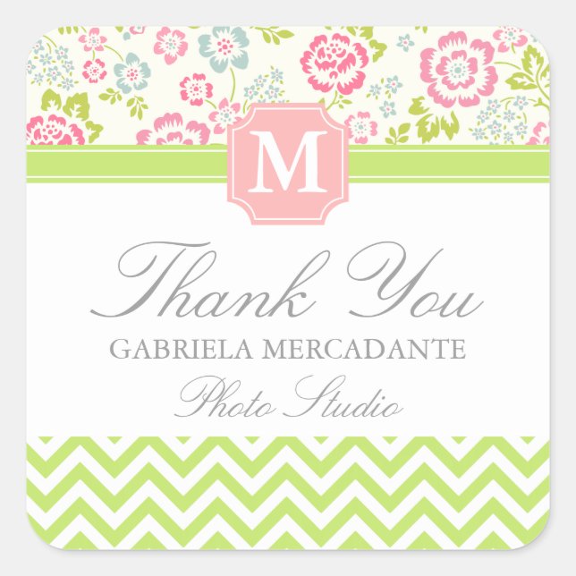 Girly Spring Floral Chevron Personalised Monogram Square Sticker (Front)