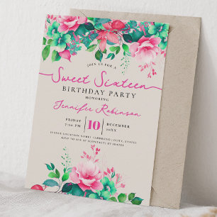 Girly Spring Floral Sweet 16 Birthday Champagne Invitation