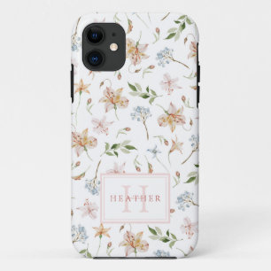 Girly Spring Watercolor Floral Pattern Monogrammed Case-Mate iPhone Case