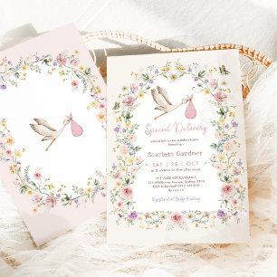 Girly Stork Wildflower Garden Girl Baby Shower Invitation