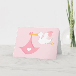 Girly Stork With A Baby Bundle Of Joy Pink Card