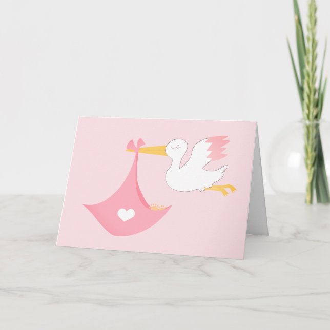 Girly Stork With A Baby Bundle Of Joy Pink Card (Front)