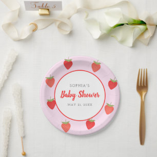 Girly Strawberry Pink Baby Shower Paper Plate