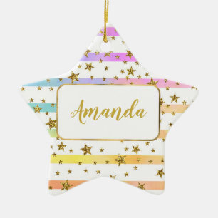 Girly stripes and stars personalised ceramic tree decoration