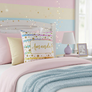 Girly stripes and stars personalised cushion