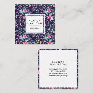 Girly Stylish Fashion Blue Flowers and Butterfly Square Business Card