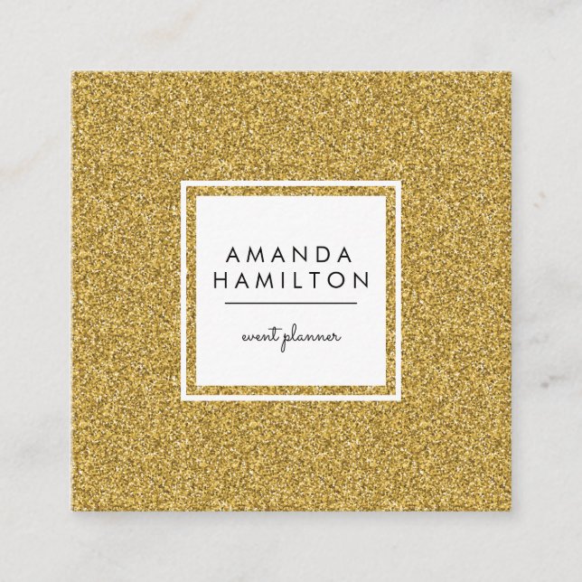 Girly Stylish Fashion Gold Glitter + white square Business Card (Front)