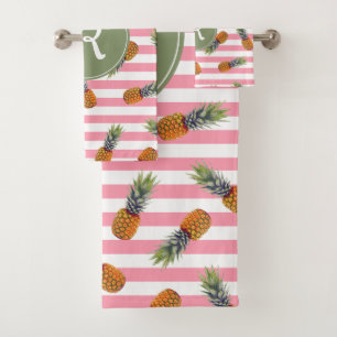 Girly Summer Pineapple Pattern Pink Striped Bath Towel Set