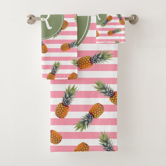 Girly Summer Pineapple Pattern | Pink Striped Bath Towel Set (Insitu)