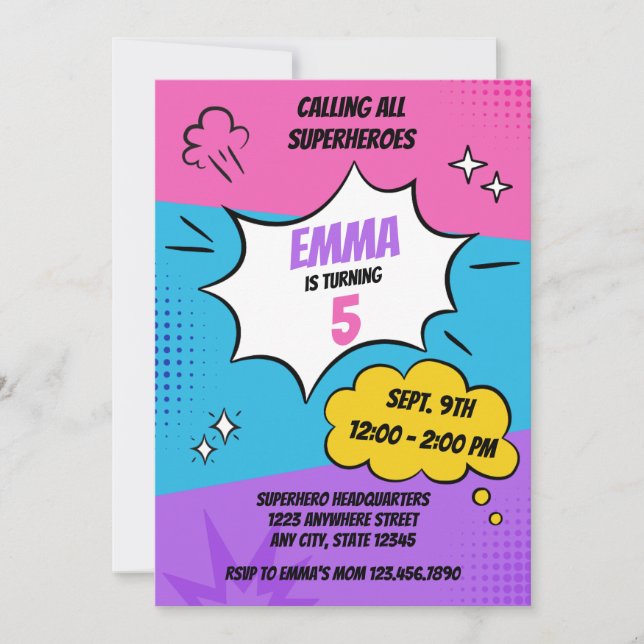 Girly Superhero Birthday  Invitation (Front)